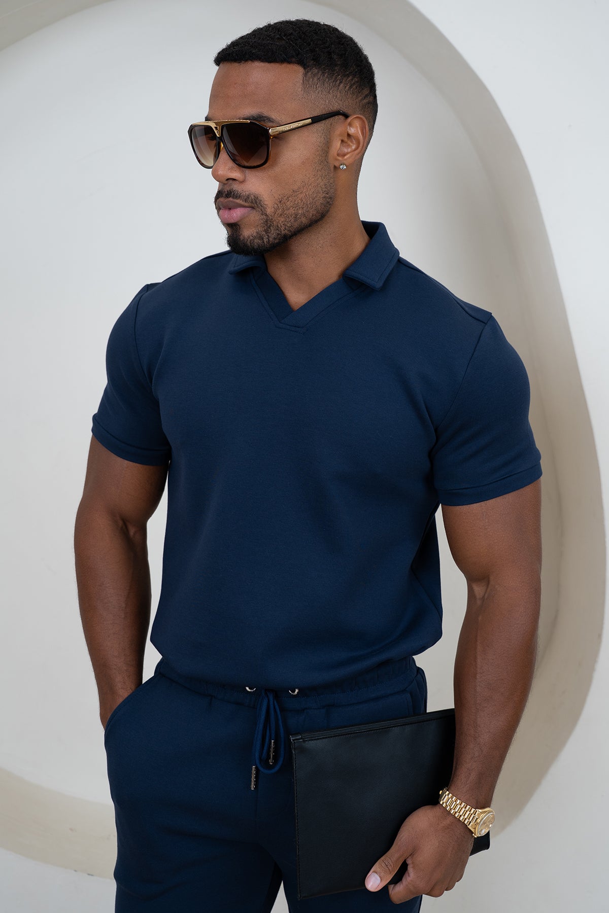 Brushed Scuba Open Neck Polo - Navy