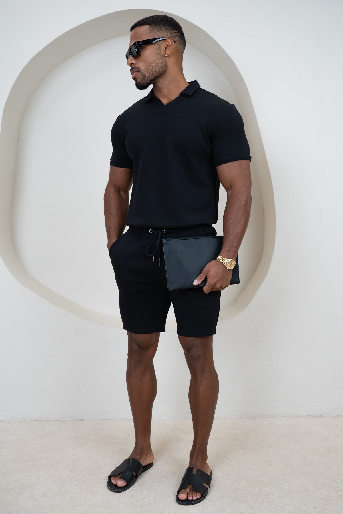 Brushed Scuba Open Neck Polo - Black