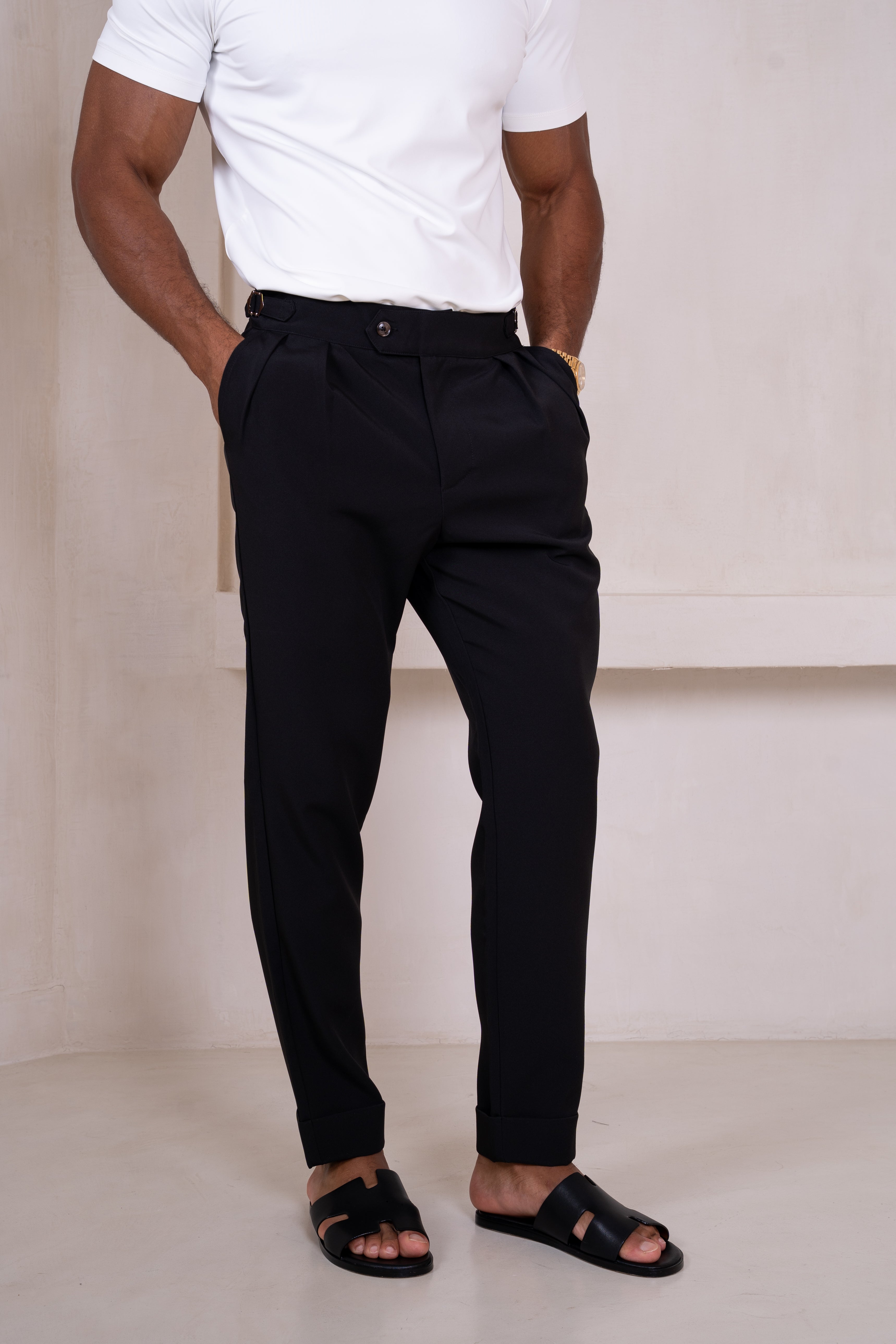 Buckle and Pleat Tailored Trouser - Black