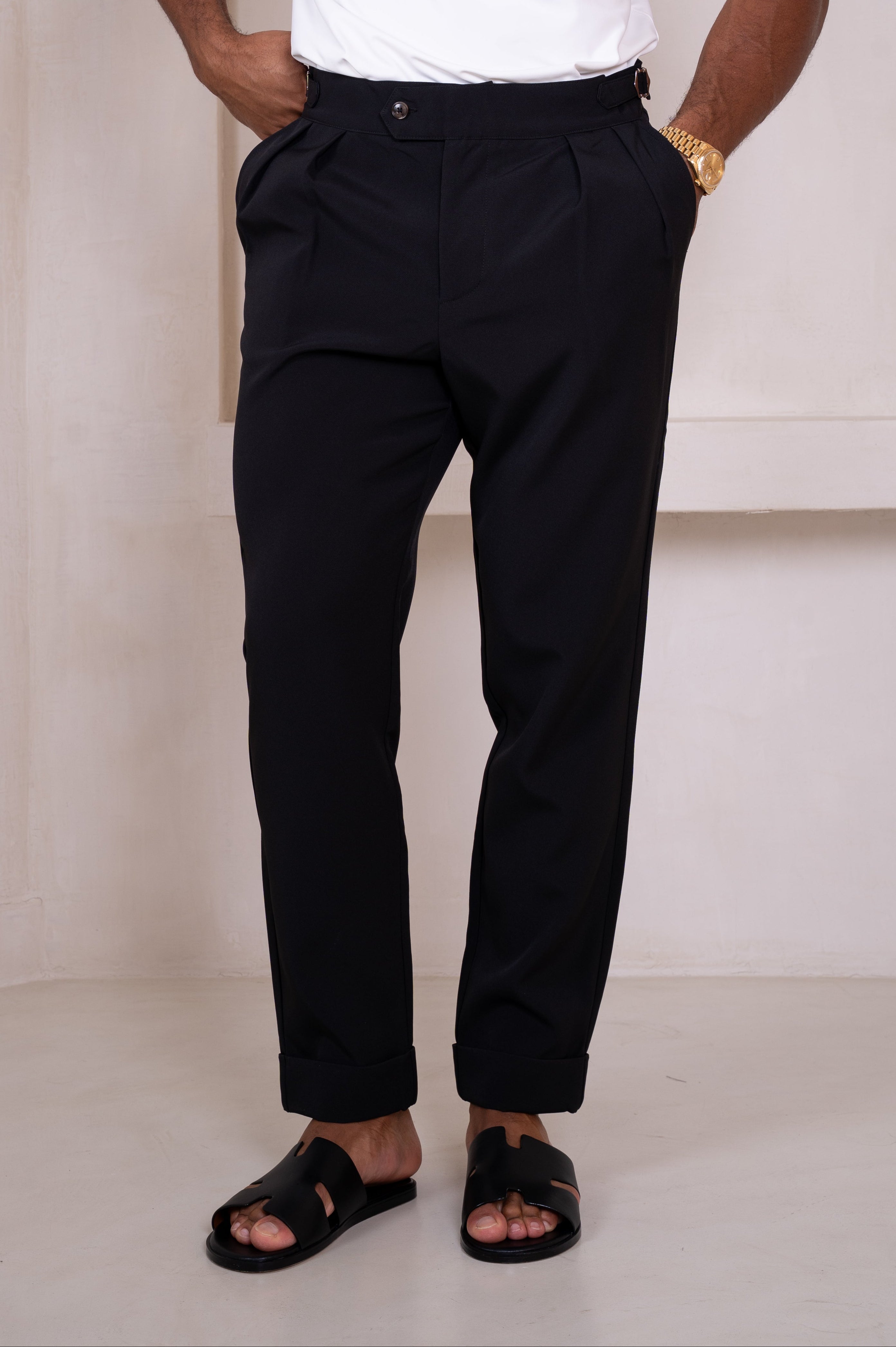 Buckle and Pleat Tailored Trouser - Black