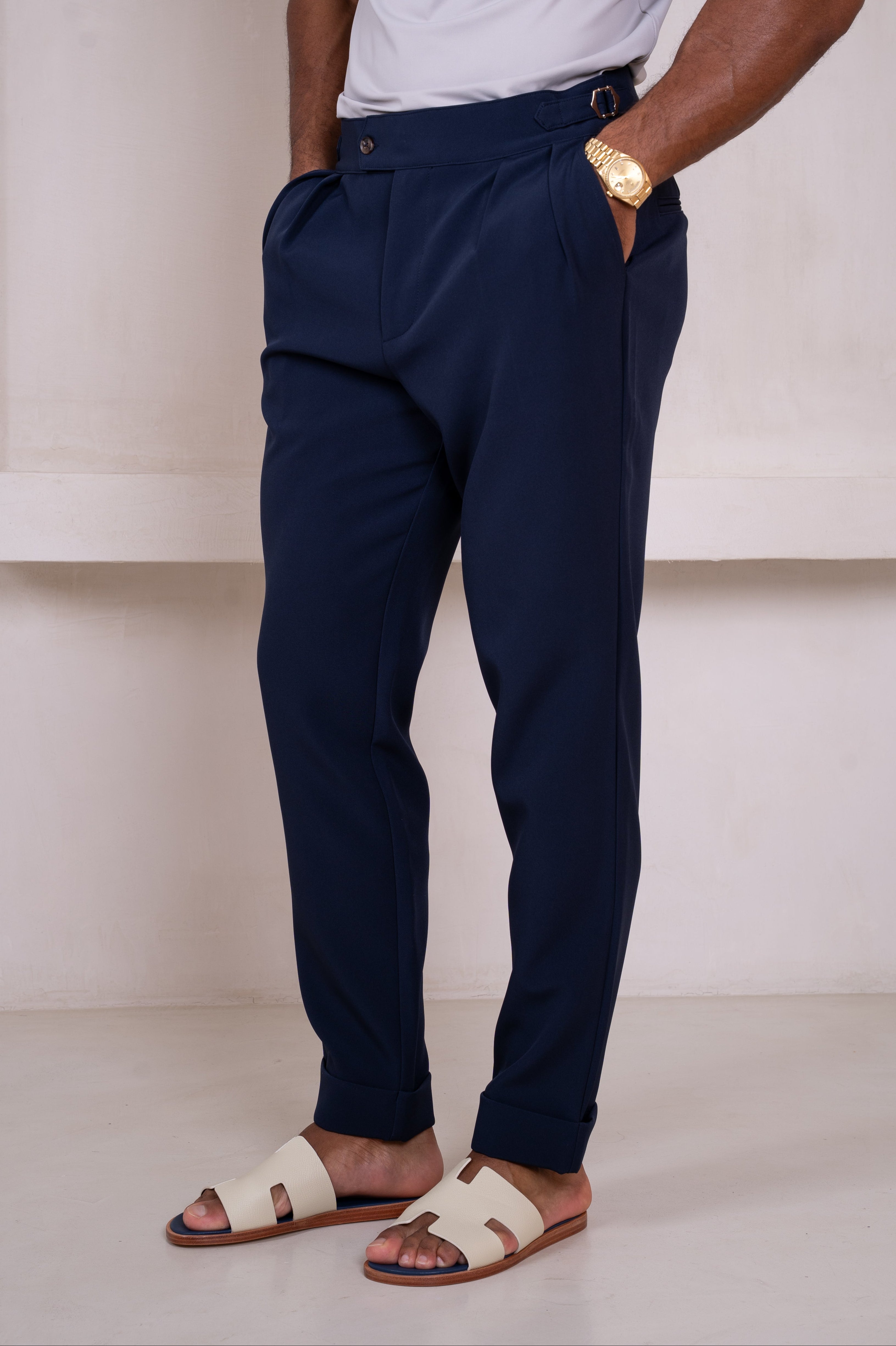 Buckle and Pleat Tailored Trouser - Navy
