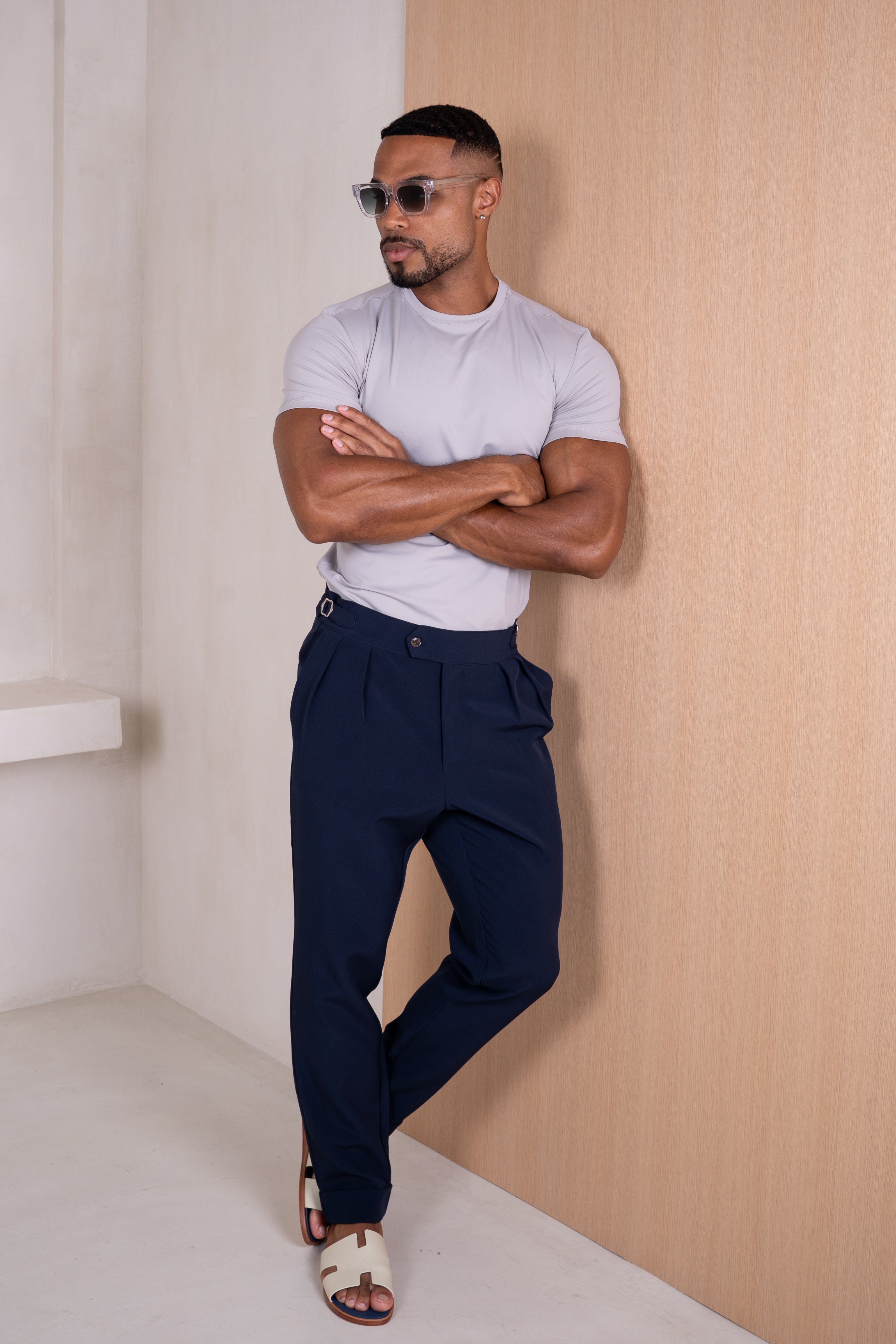 Buckle and Pleat Tailored Trouser - Navy