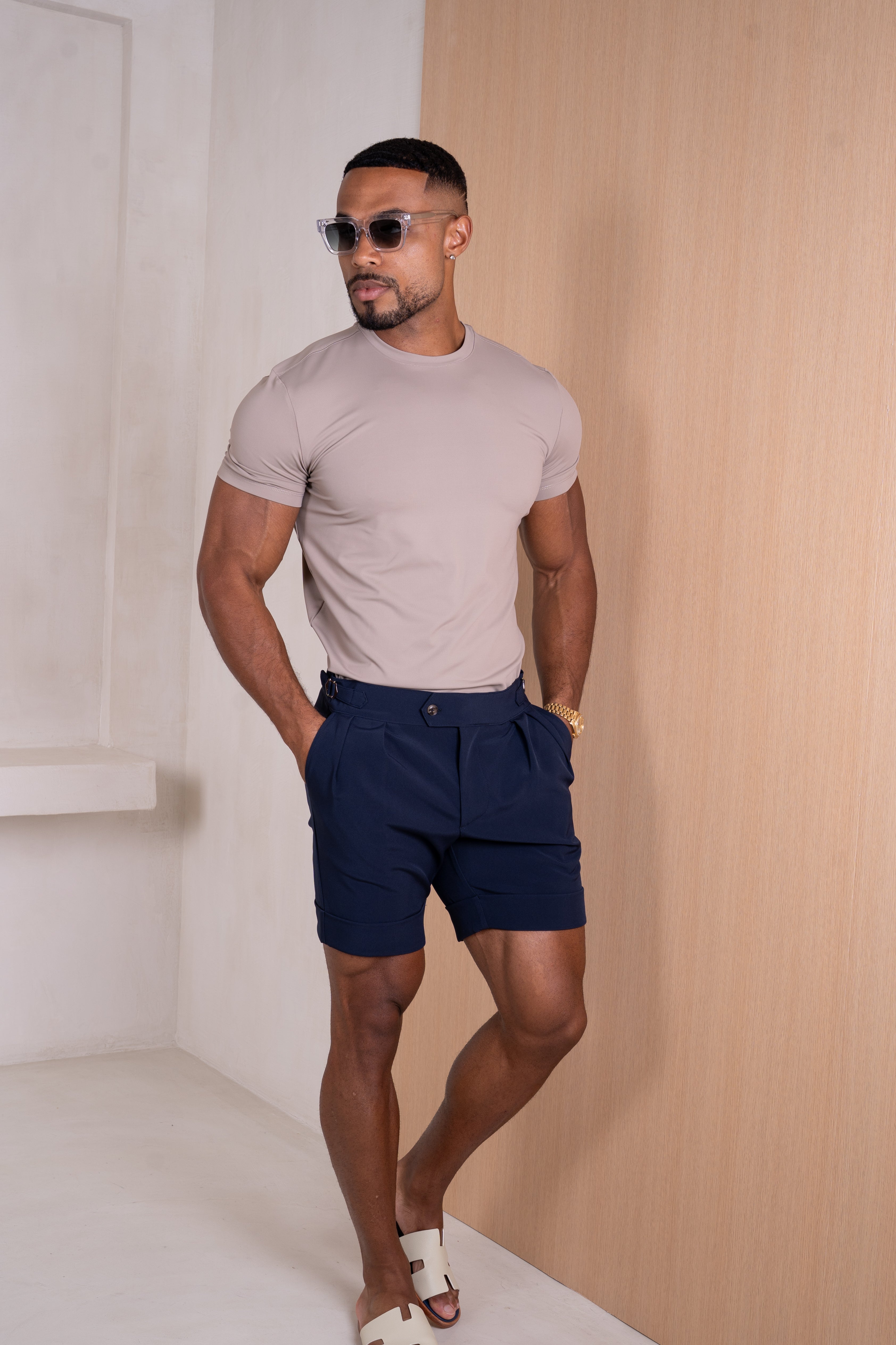 Buckle and Pleat Shorts - Navy